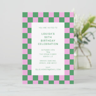 Fun Chequerboard Pink Green Geometric Birthday Invitation