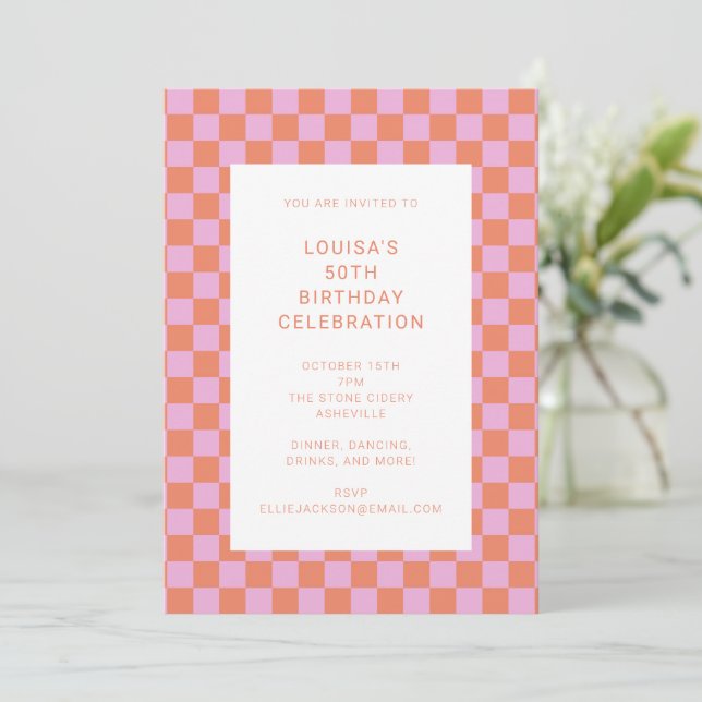 Fun Chequerboard Pink Orange Geometric Birthday Invitation (Standing Front)