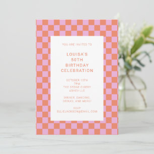 Fun Chequerboard Pink Orange Geometric Birthday Invitation