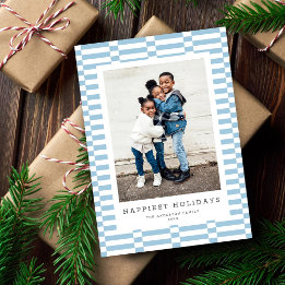 Fun Chequered Customisable Colour 1 Photo LT BLUE Holiday Card