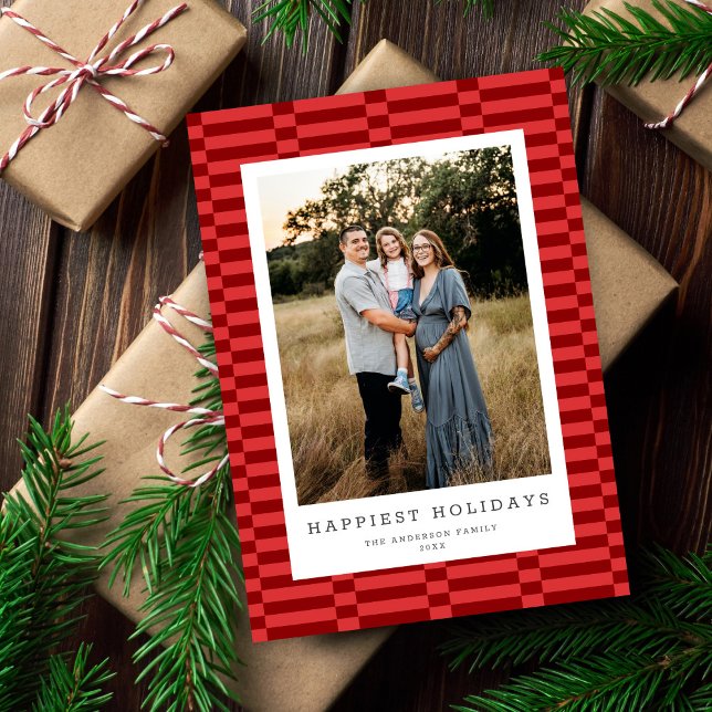 Fun Chequered Customisable Colour 1 Photo WARM RED Holiday Card (Creator Uploaded)