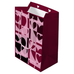 Fun Chequered Hearts Soft Pink and Wine Red Medium Gift Bag
