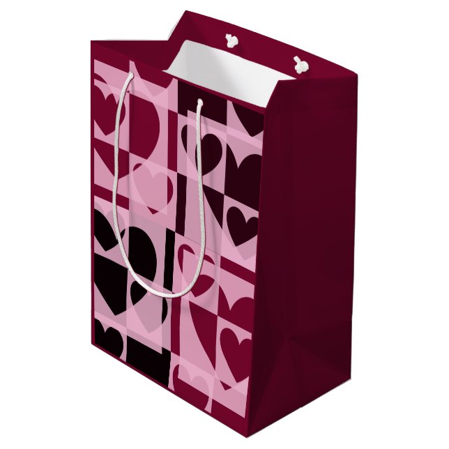 Fun Chequered Hearts Soft Pink and Wine Red Medium Gift Bag (Back Angled)