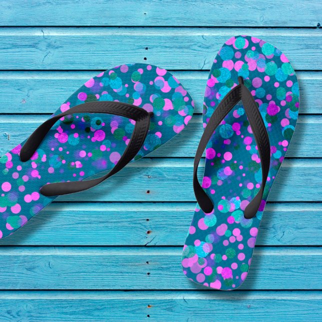 Fun, chic blue purple pink confetti dots on teal jandals (Creator Uploaded)