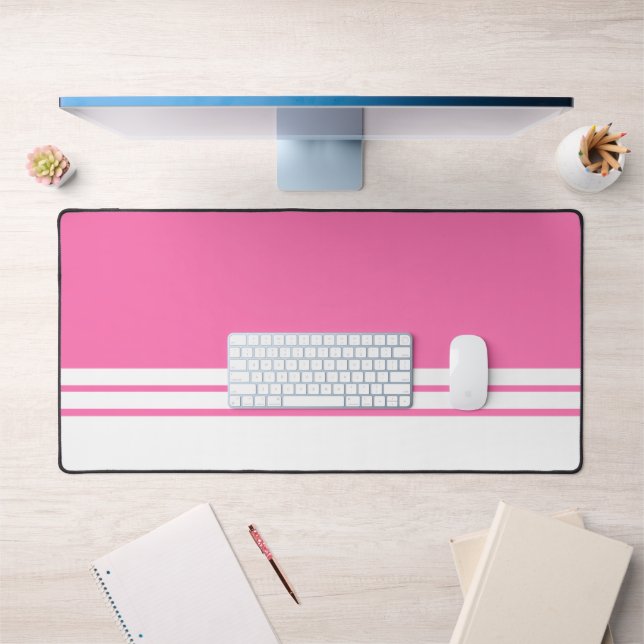 Fun Chic Bright Pink White Edge Racing Stripes Desk Mat (Office 1)