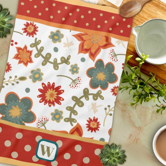 Fun Chic Modern Dots Floral Monogram Initial Tea Towel (Creator Uploaded)