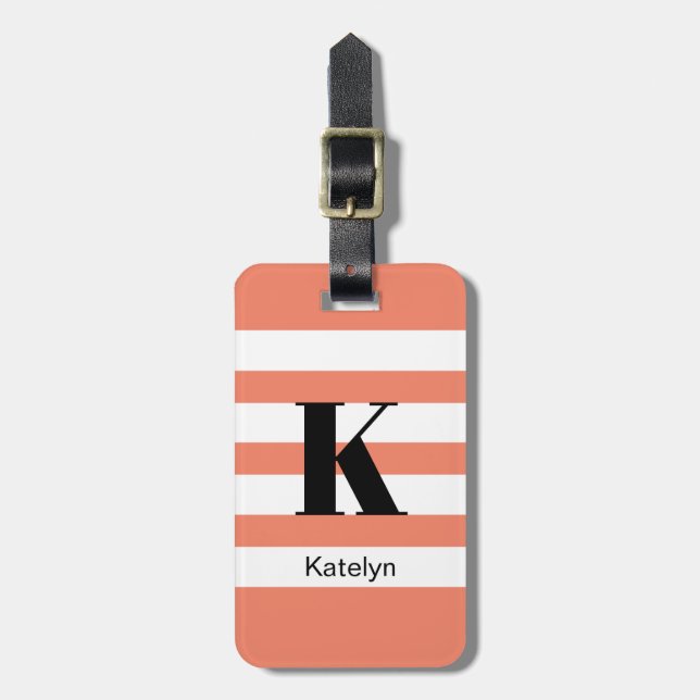 Fun Chic Peach Stripes Monogram Luggage Tag (Front Vertical)
