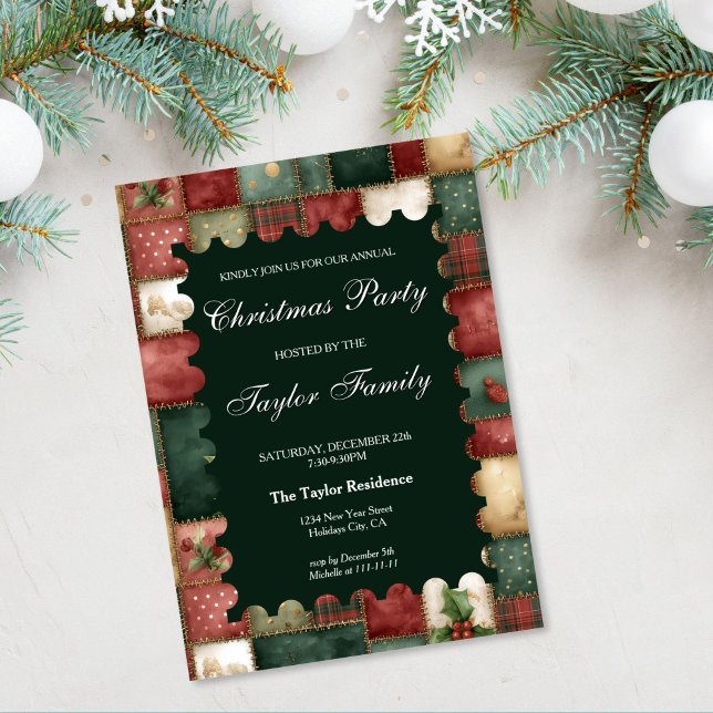 Fun Chic Winter Greenery Christmas Party Invitation (christmas patchwork colorful warm watercolor party invitation)
