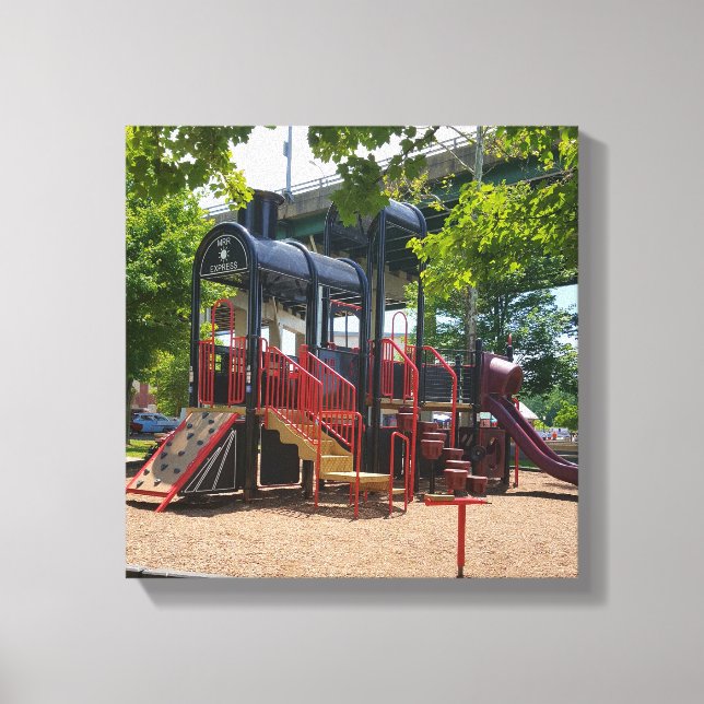 Fun Children's Train Playground In The Park Canvas Print (Front)