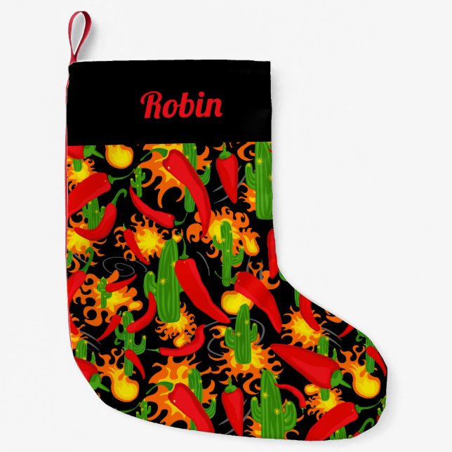 Fun Chilli Pepper, Cactus and Fire Personalised Small Christmas Stocking (Front)