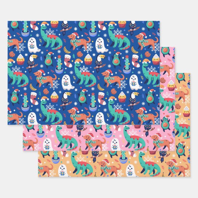 Fun Christmas Dinosaur Dog Parrot Avocado Cactus Wrapping Paper Sheet (Set)
