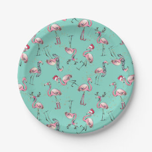 Fun Christmas Flamingos with Santa Hats Paper Plate
