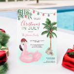 Fun Christmas in July beach tropical flamingo Invitation<br><div class="desc">Fun Christmas in July beach tropical flamingo with watercolor palm tree leaves,  palm tree,  gifts,  a pink flamingo floater wearign a Santa hat with mistletoe. Celebrate summer , pool party and BBq.</div>