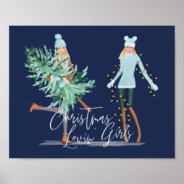 Fun Christmas Lovin' Girls Holding Tree & Lights Poster (Front)