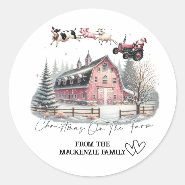Fun Christmas on the Farm Santa Pig, Cow, Goat Classic Round Sticker (Front)
