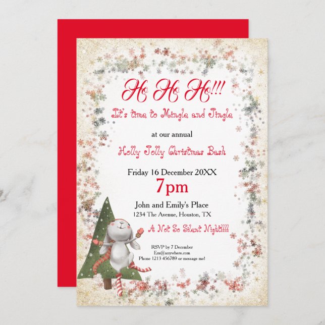 Fun Christmas Party Cute Bunny Tree Star Snowflake Invitation (Front/Back)