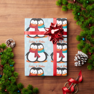 Fun Christmas Penguin Couple Customisable Wrapping Paper