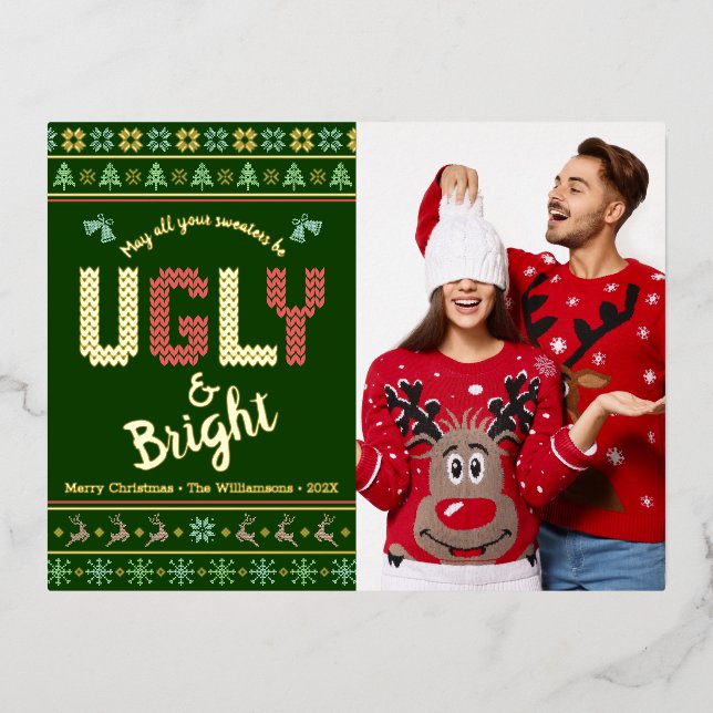 Fun Christmas Photo Nordic Ugly Sweater Real Gold Foil Holiday Postcard (Front)