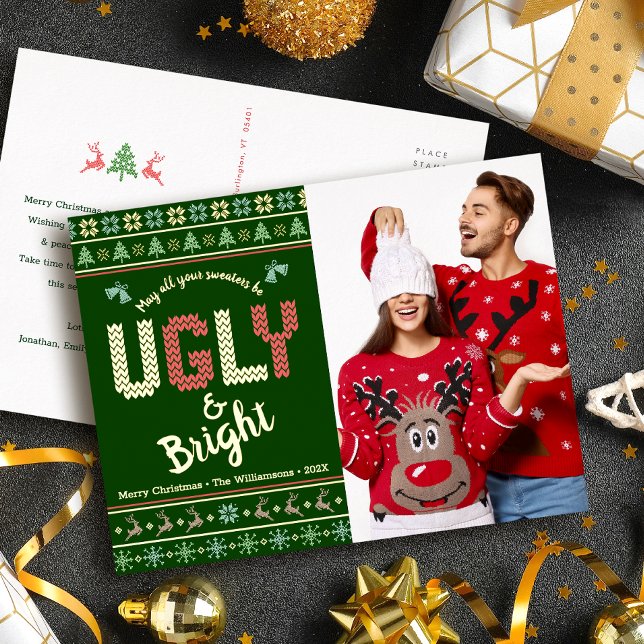 Fun Christmas Photo Nordic Ugly Sweater Real Gold Foil Holiday Postcard (Creator Uploaded)