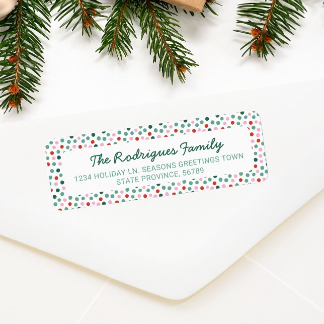 Fun Christmas Polka Dots Return Address Label (Christmas polka dots confetti pattern in pink red and green color)