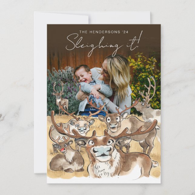 Fun Christmas Reindeer holiday photo card - Brown (Front)