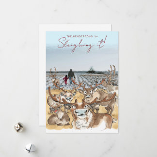 Fun Christmas Reindeer holiday photo card sky blue