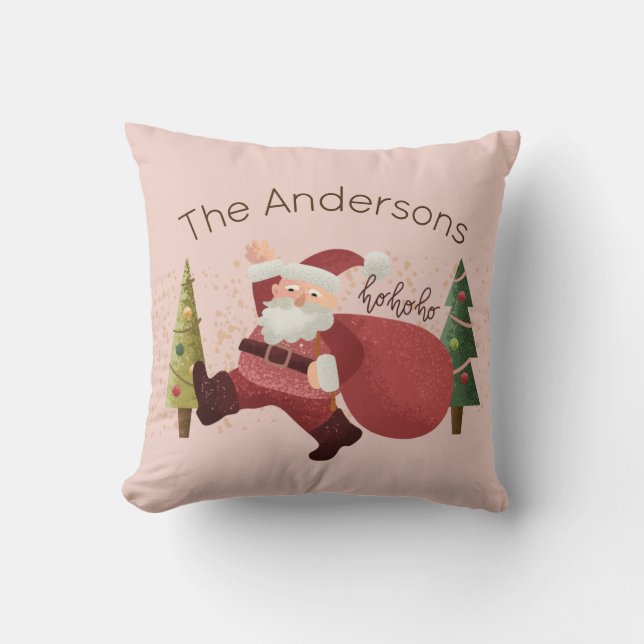 Fun Christmas Santa Illustration Family Name Pink Cushion (Front)