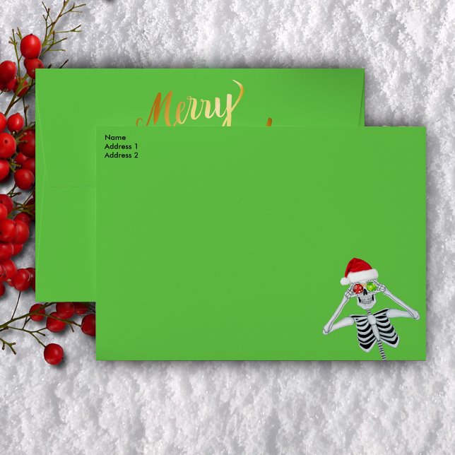 Fun Christmas Skeleton Santa Hat Ornaments Gold  Envelope (Christmas skeleton ornaments in Santa hat on front, Merry Christmas on back flap on green envelopes.)