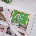 Fun Christmas Skeleton shiny Ornaments Gold Border Food Label<br><div class="desc">This custom label for a food jar has a fun skeleton holding shiny red and green ornaments up to his eyes wearing a red Santa Claus hat on a green background with tiny faux gold sparkles inside a shiny gold frame.  Customise your text with the template.</div>