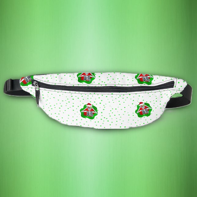 Fun Christmas Skeletons Spatter Shapes Green Dots Bum Bags (Fun Creepmas skeletons in splatter shapes on bright green dots Christmas fanny pack.)