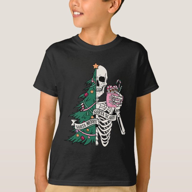 Fun Christmas Sorta Merry Sorta Scary Skeleton Xma T-Shirt (Front)