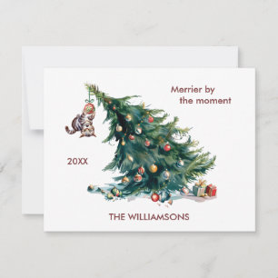 Fun Christmas Tree Dangling Cat Personalise Holiday Card