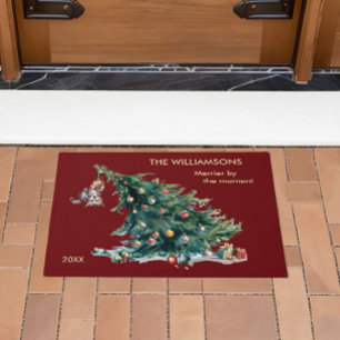 Fun Christmas Tree Dangling Cat Photo Doormat