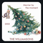 Fun Christmas Tree Dangling Cat Photo Square Sticker<br><div class="desc">This is a special and fun holiday sticker- -- all was almost well and then -- enter the cat and The Tree. If you need assistance or have any design questions just send a chat or an email to charmdesignstudio@rcn.com and we'll be glad to help.</div>
