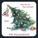 Fun Christmas Tree Dangling Cat Photo Square Sticker<br><div class="desc">This is a special and fun holiday sticker- -- all was almost well and then -- enter the cat and The Tree. If you need assistance or have any design questions just send a chat or an email to charmdesignstudio@rcn.com and we'll be glad to help.</div>