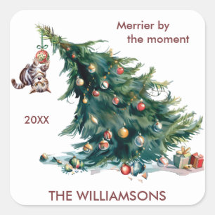 Fun Christmas Tree Dangling Cat Photo Square Sticker