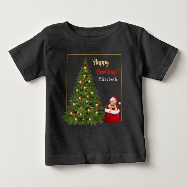 Fun Christmas Tree Santa Claus Holiday Personalise Baby T-Shirt (Front)