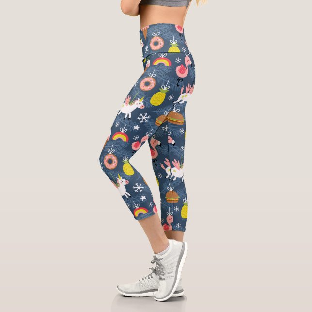 Fun Christmas Unicorns and Flamingos Pattern Capri Leggings (Left)