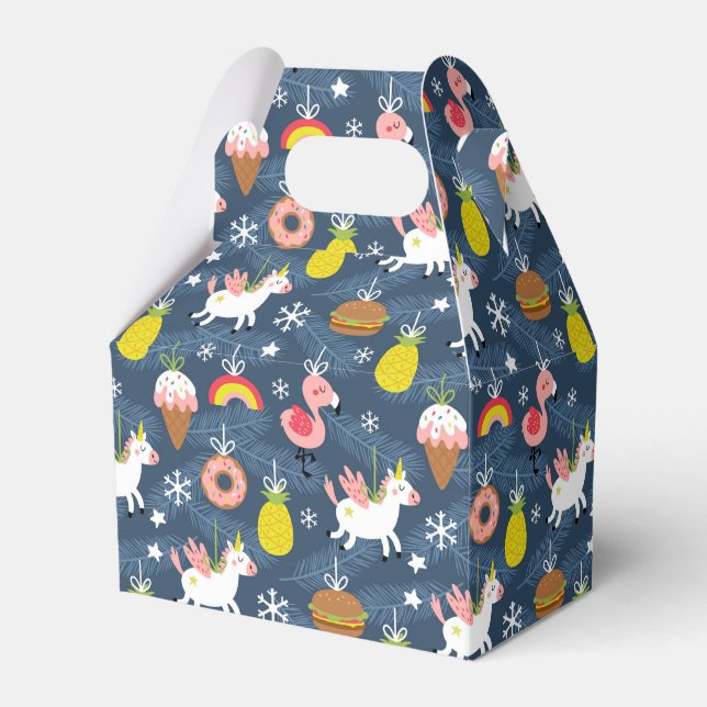 Fun Christmas Unicorns and Flamingos Pattern Favour Box (Front Side)