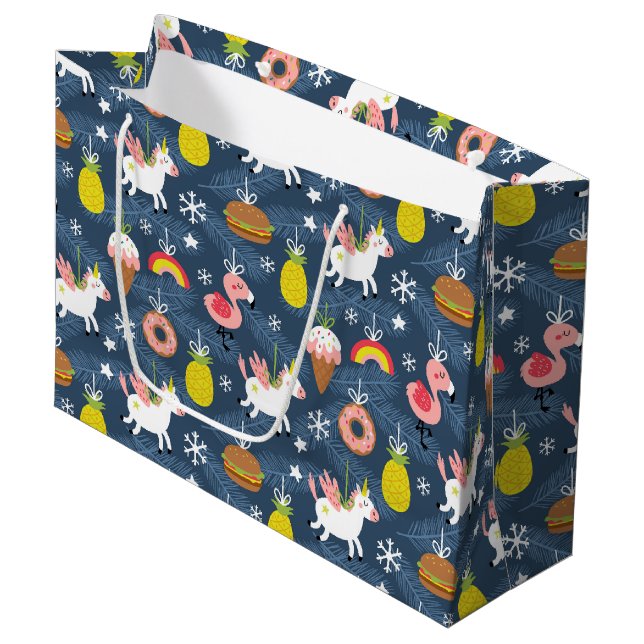 Fun Christmas Unicorns and Flamingos Pattern Large Gift Bag (Front Angled)