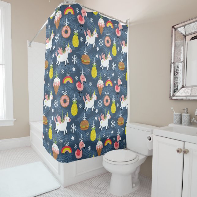 Fun Christmas Unicorns and Flamingos Pattern Shower Curtain (In Situ)