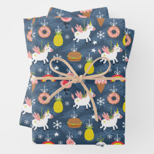 Fun Christmas Unicorns and Flamingos Pattern Wrapping Paper Sheet