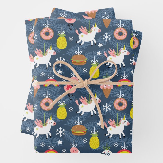 Fun Christmas Unicorns and Flamingos Pattern Wrapping Paper Sheet (In situ)