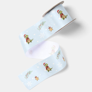 Fun Christmas Watercolor dinosaur xmas Party Kid Satin Ribbon