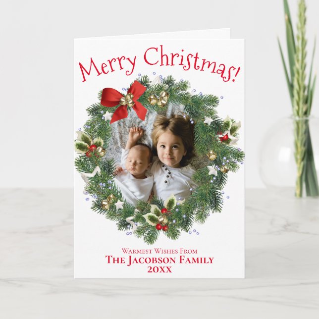 Fun Christmas Wreath Photo Frame Family Newsletter Holiday Card (Front)