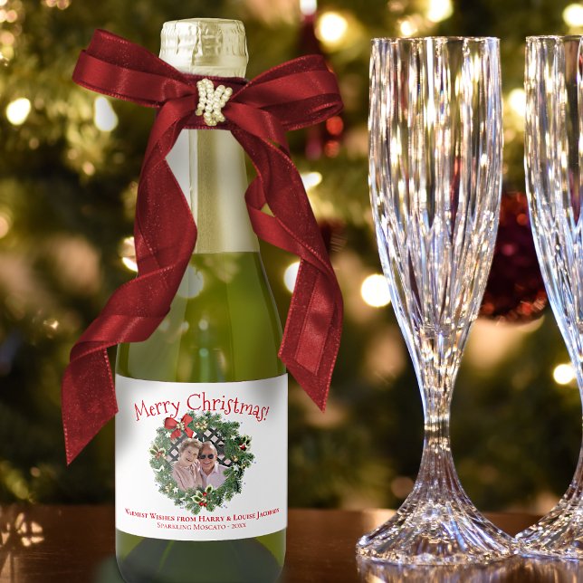 Fun Christmas Wreath with Photo Cute Holiday Mini Sparkling Wine Label (In Situ with Bow and Glasses)