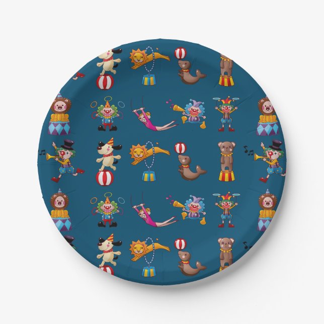 Fun Circus Party Acts Cartoon Pattern Blue Paper Plate (Front)