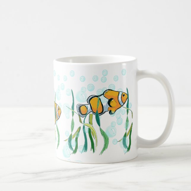 Fun Clown Fish Orange White Black Blue Bubbles Coffee Mug (Right)