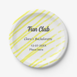 Fun Club bachelorette party yellow lines backgroun Paper Plate