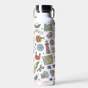 Fun Coastal Beach Nautical Design on White Water Bottle